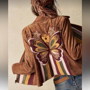 Brown vintage embroidered butterfly floral color block coat jacket tunic top
